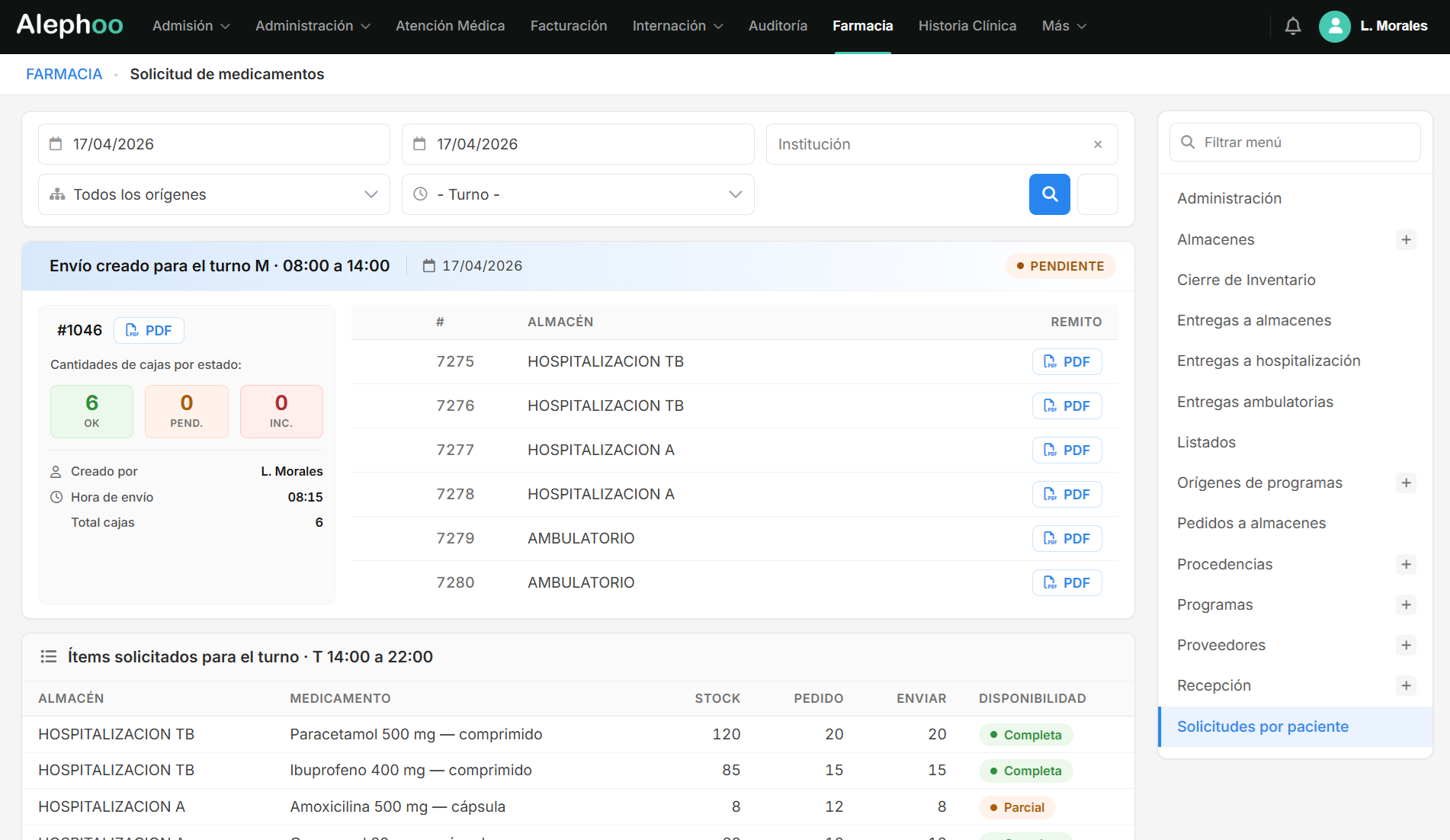 Módulo de Farmacia Alephoo — vista real del sistema